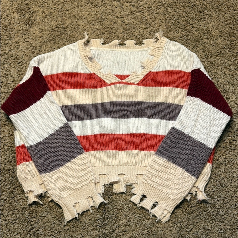 Striped Distressed Sweater - Cream, Red, Gray